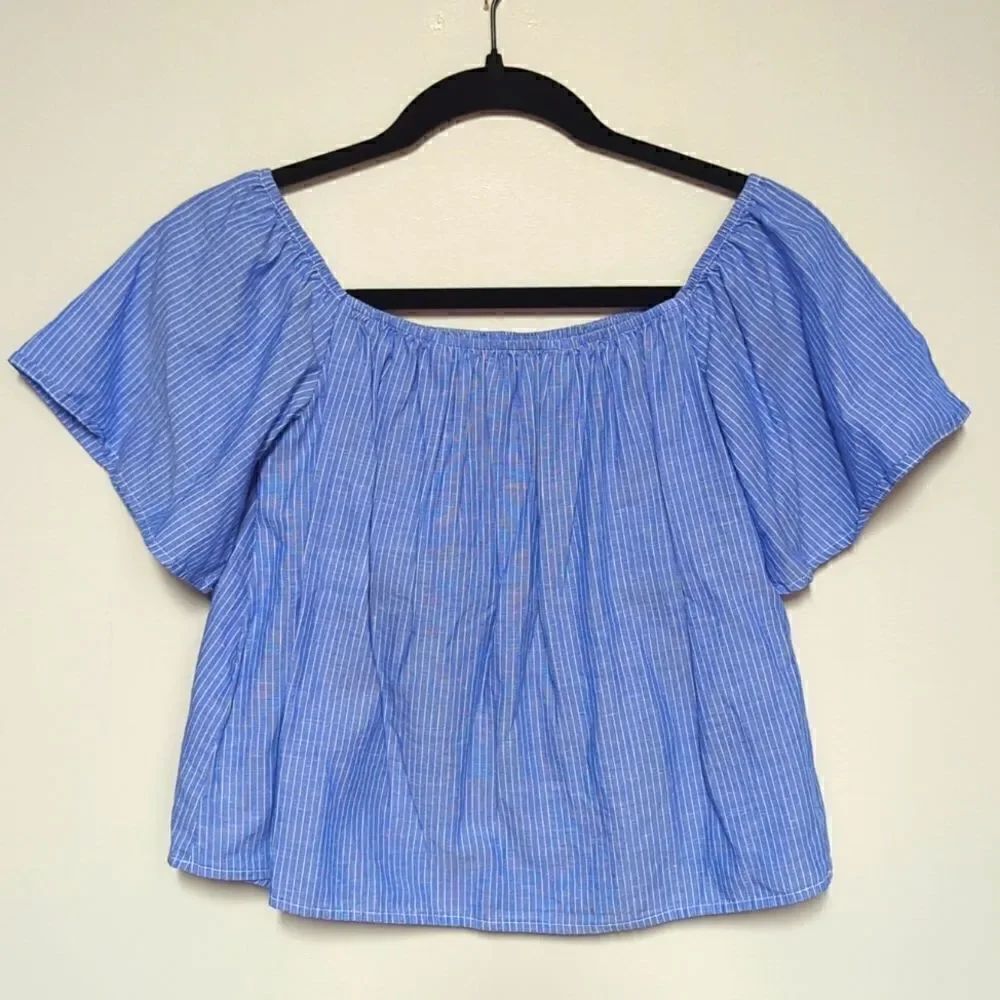 Express Blue Pin Striped Off the Shoulder Blouse